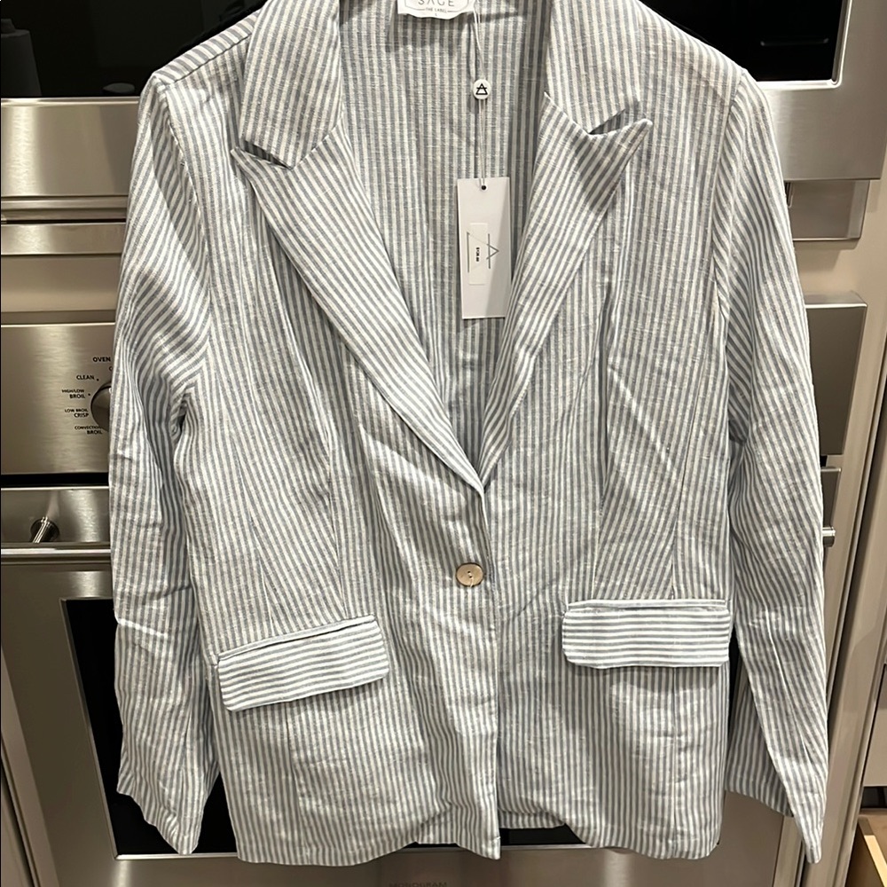 SAGE THE LABEL: Baby Blue & White Stripped Casual Blazer